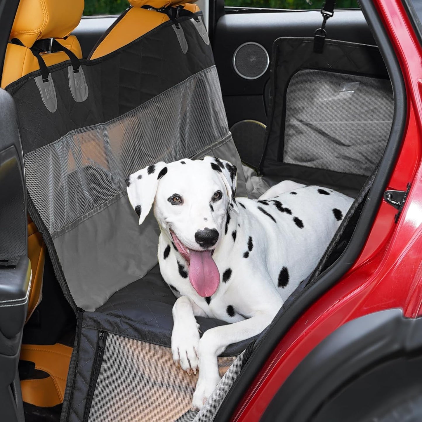 Dog Car Seat Cover, 4-Layer Waterproof Back Seat Protector with Mesh Windows,3 Accessories Pockets Nonslip Pet Hammock Style for Cars Trucks SUVs, Include 1 Dog Safety Belt (Black-Grey)