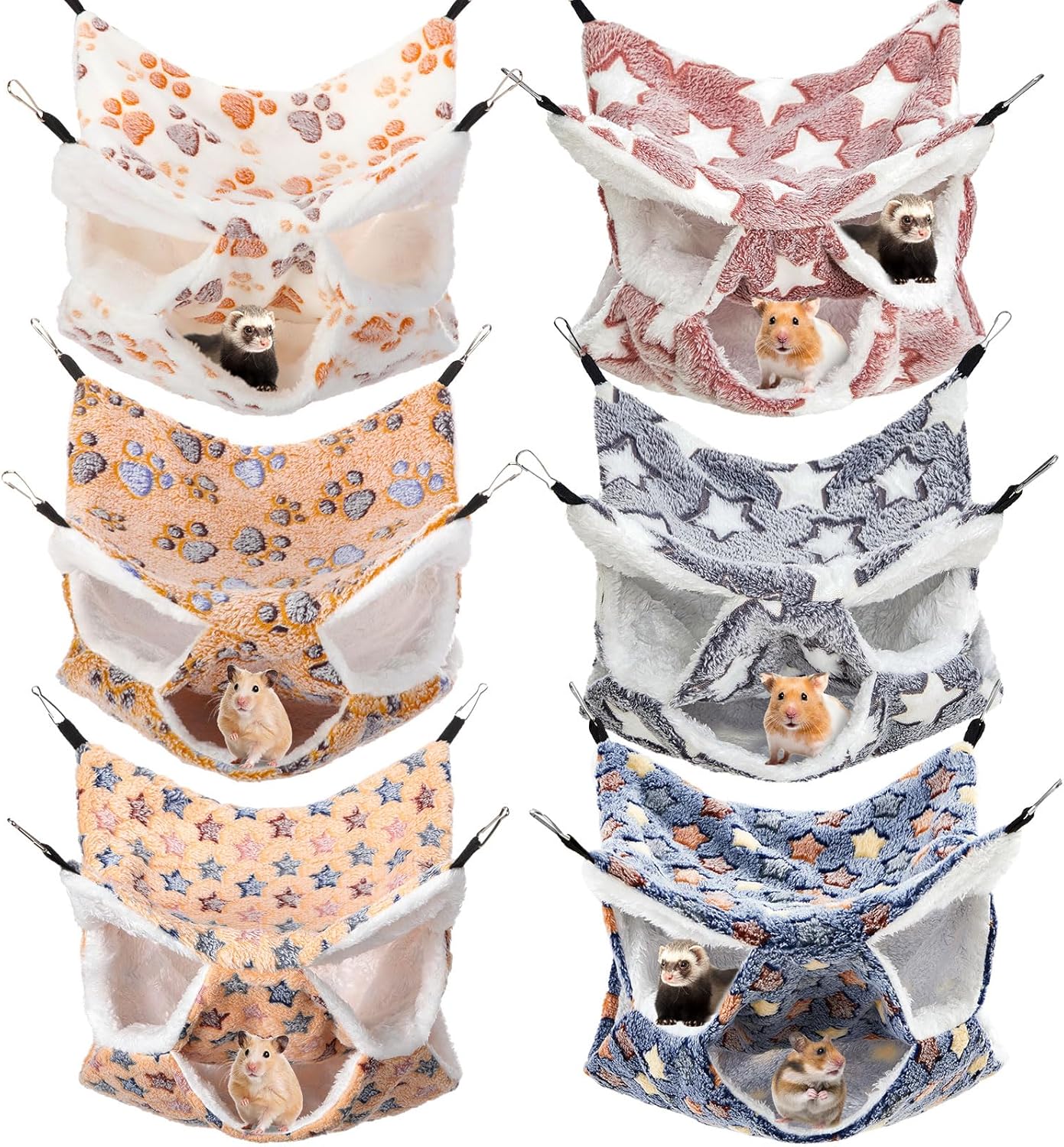 Sadnyy 6 Pieces Guinea Pig Rat Hammock Three Layer Ferret Bed Small Animal Hanging Pet Cage Hammock for Chinchilla Rat Sugar Glider Squirrel Reptiles(Cute Pattern)