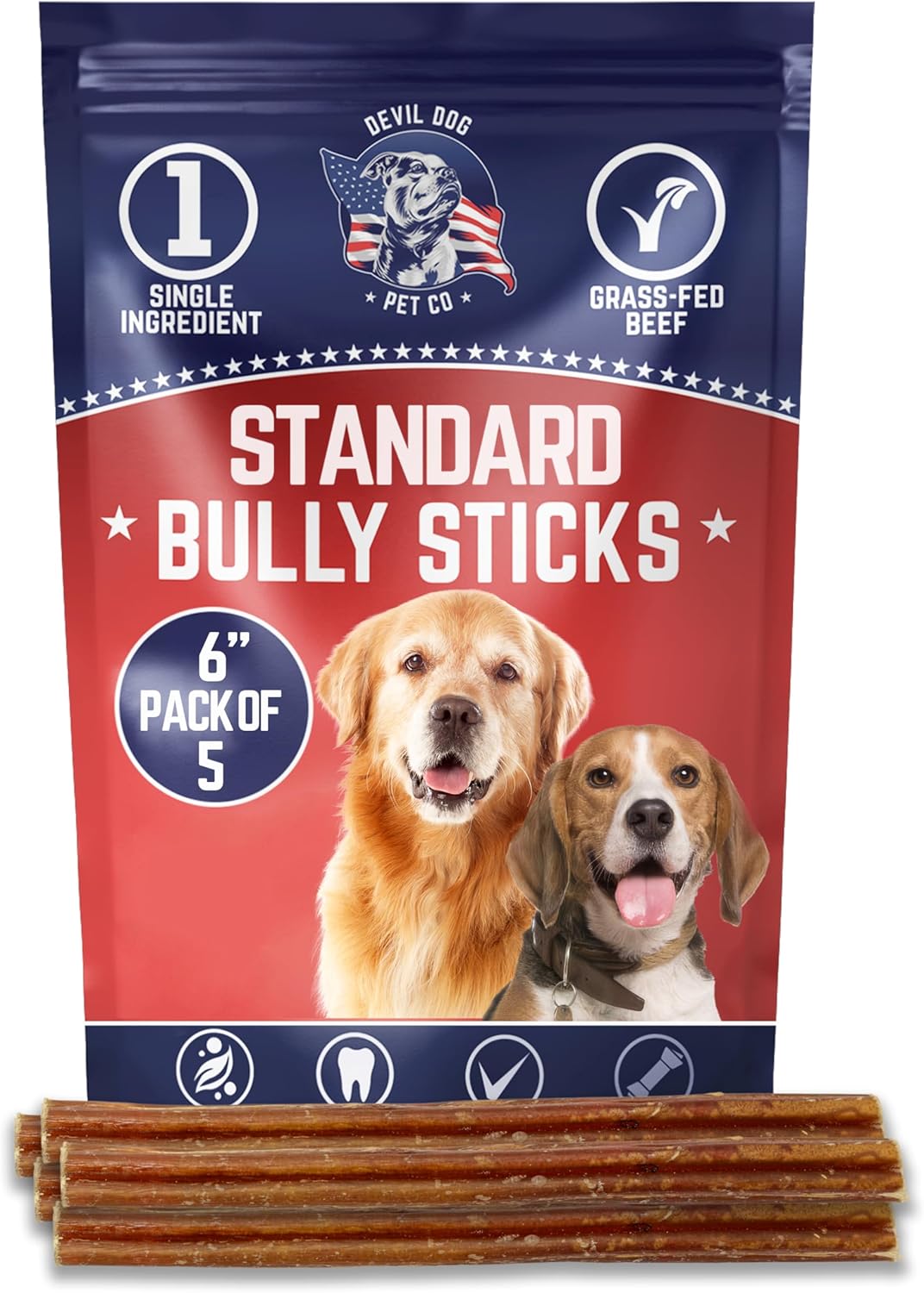 Devil Dog Pet Co. Bully Sticks – 6 Inch, 5 Pack, Standard Sized Dog Chews, 100% Natural, Single Ingredient, Free-Range Grass-Fed Beef – Long Lasting, Rawhide-Free Treats for Dogs