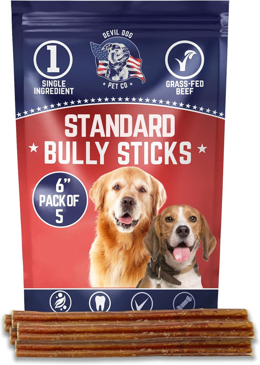 Devil Dog Pet Co. Bully Sticks – 6 Inch, 5 Pack, Standard Sized Dog Chews, 100% Natural, Single Ingredient, Free-Range Grass-Fed Beef – Long Lasting, Rawhide-Free Treats for Dogs