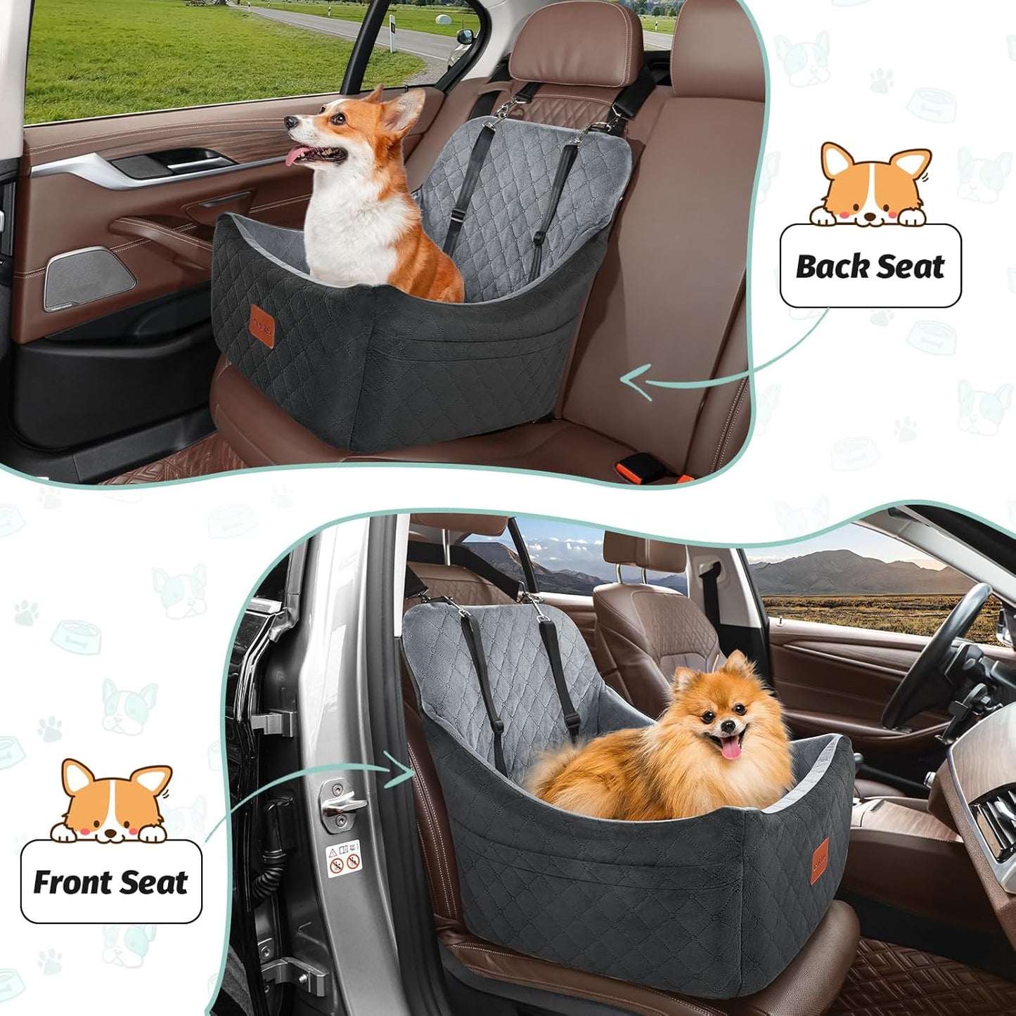 Dog Car Seat for Dogs Up to 35lbs,Fully Detachable and Washable,Memory Foam Covered Soft Fabric,Easy to Install with Adjustable Straps,Anti-Slip Bottom,2 Side Pockets(Black/Grey,Medium)