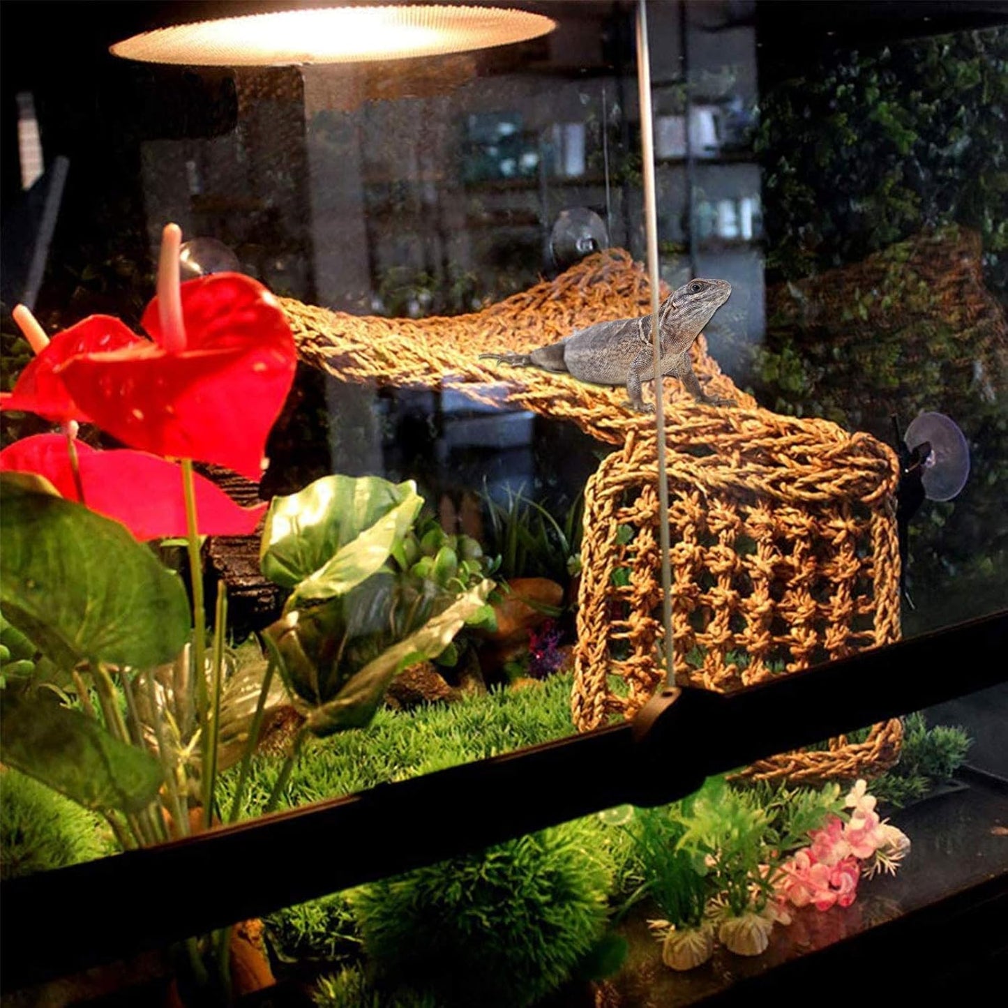 PINVNBY Bearded Dragon Hammock,Reptile Lounger Natural Seagrass Lizard Hammocks Habitat Tank Accessories Jungle Climber Vines Flexible Leaves Decor for Climbing Reptiles Chameleon Gecko Snakes