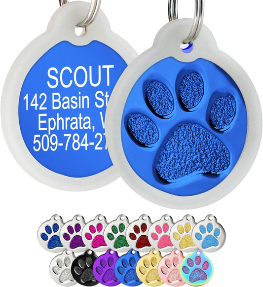 GoTags Paw Print Round Stainless Steel Pet Tag for Dogs and Cats, Personalized with 4 Lines of Custom Engraved ID Name and Number, in Stainless Steel and 15 Colors Small and Large, Blue