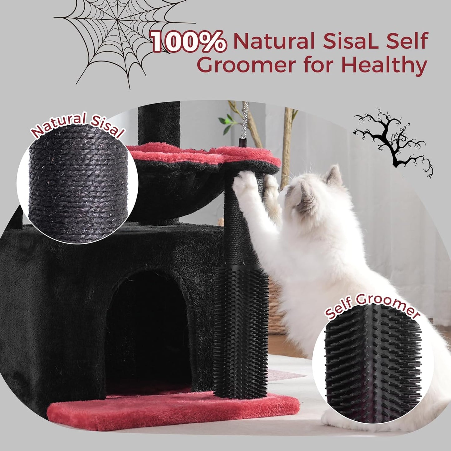 Gothic Cat Tree 32 Inches Small Cat Tree for Large Cats Adult Cat Tower with Scratching Post,15.7”Large Hammock and Self Groomer, and Removable Top Perch and Wide Condo for Indoor Cat-Gothic