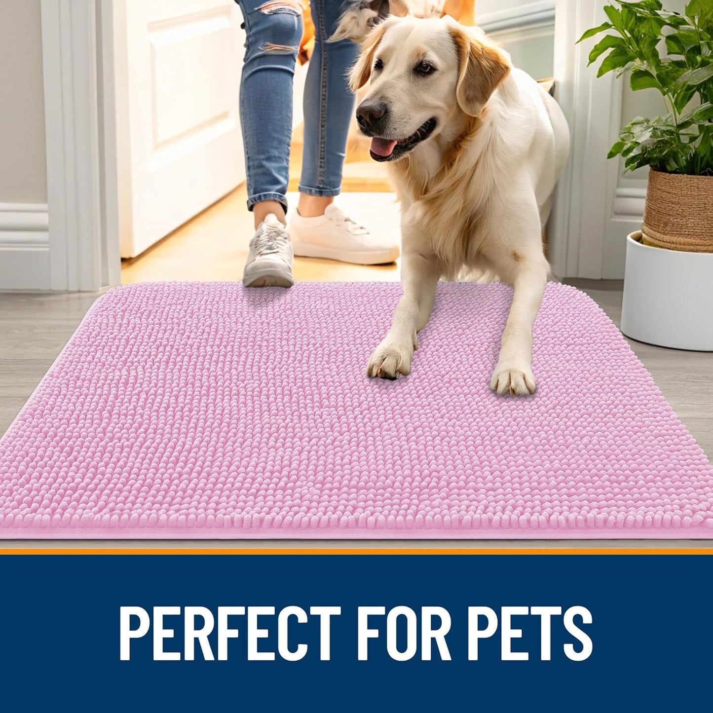 OLANLY Dog Door Mat for Muddy Paws 47x20, Absorbs Moisture and Dirt, Absorbent Non-Slip Washable Doormat, Quick Dry Chenille Mud Mat for Dogs, Entry Indoor Entryway Carpet for Inside Floor, Pink