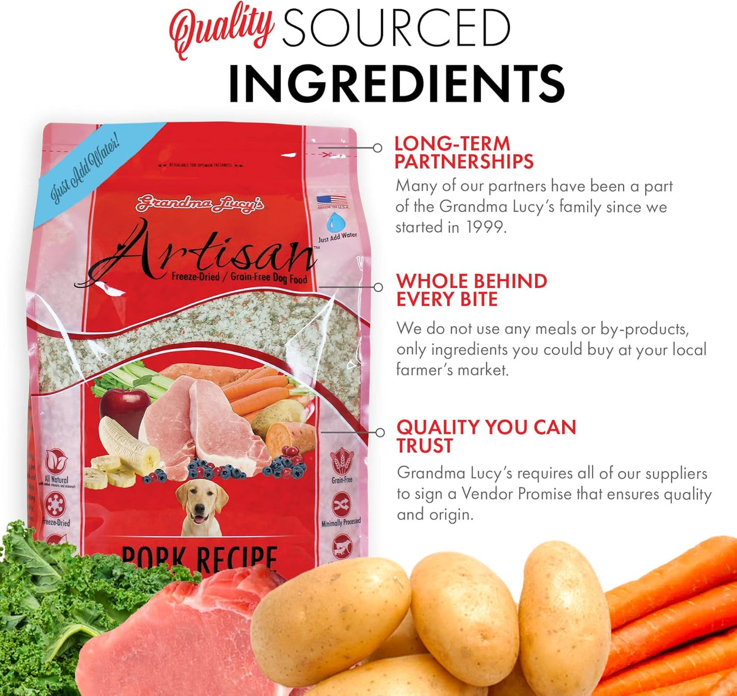 Grandma Lucy's Artisan Dog Food, Grain Free and Freeze-Dried - Artisan Pork, 10Lb Bag