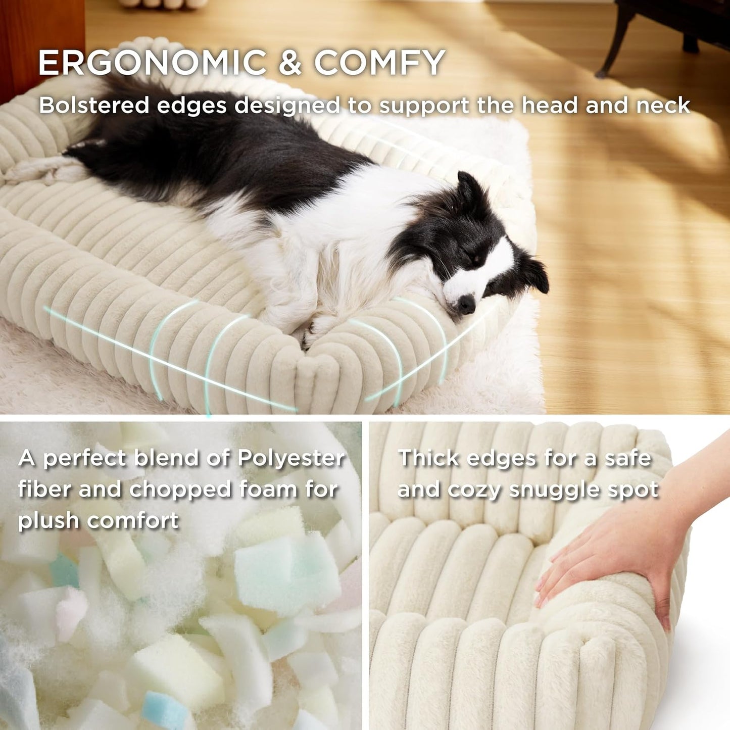 Bedsure Cute Dog Bed for Extra Large Dogs - Washable Furry XL Pet Beds, Rectangle Orthopedic Corduroy Fleece Pet Beds with Removable Zipper Cover, 43x30x8inches, Cream