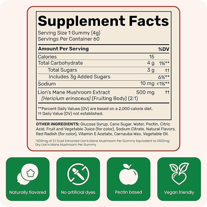 Fungies Lion's Mane Mushroom Gummies, Mixed Blueberry & Strawberry Flavor - Mushroom Supplement Gummy for Adults & Children Supports Brain Health, Cognitive Function, Focus, Memory & Mood, 60 Servings