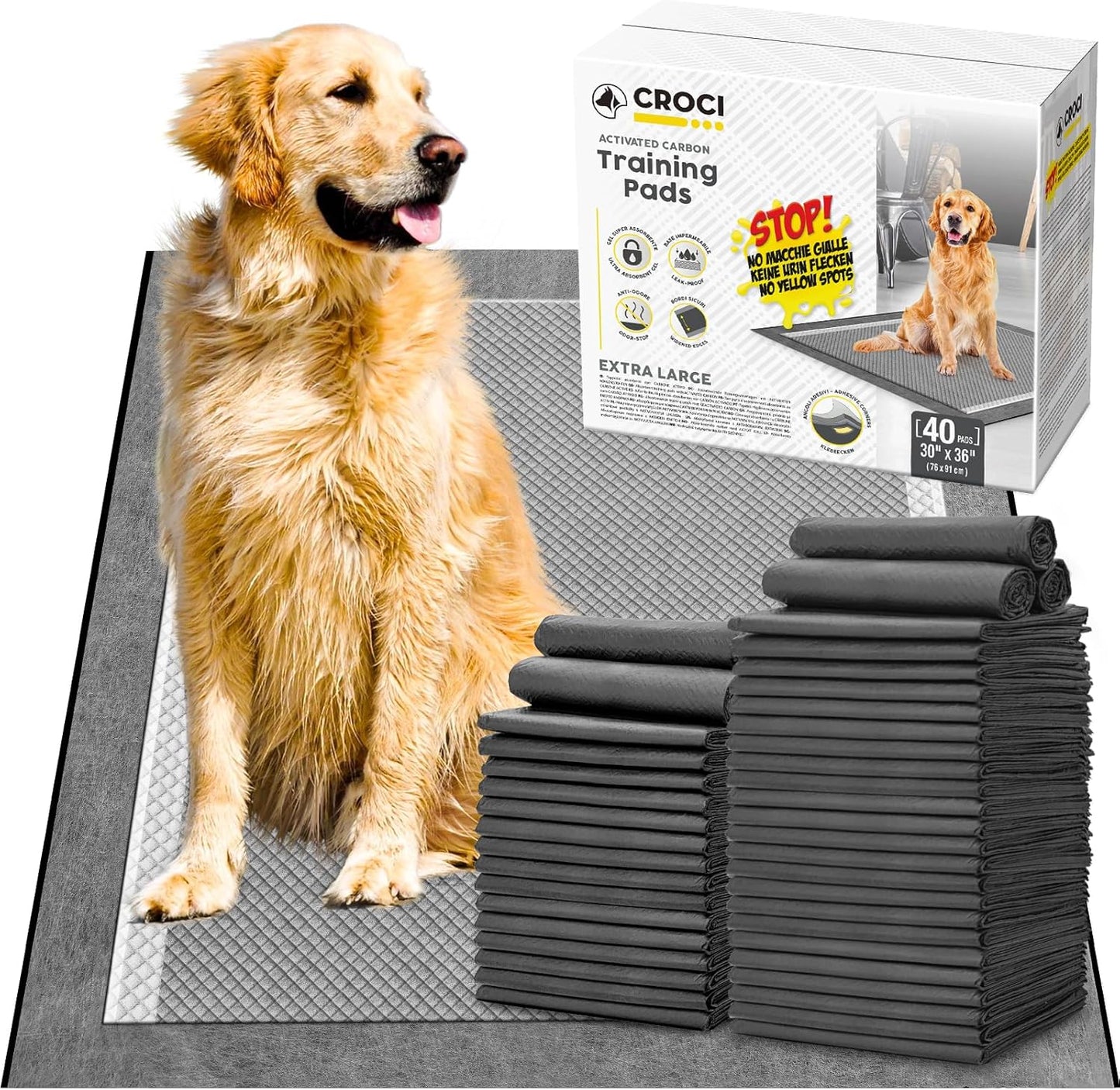 CROCI Potty Pads for Dogs XXL 30x36in, Charcoal Pet Pee Pads Odor-Control & Super Absorbent Up to 10 Cups, 6-Layer Quick Dry & Leak-Proof with Adhesive Tabs, Disposable (40 Counts)