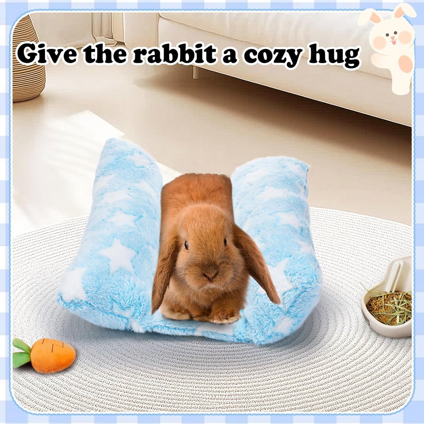 MEWTOGO 15.7 x 14In Rabbit Bed - Thickened Soft Bunny Concave Bed, Cuddle Cushion Plush Mat with Cotton Lounger Pillows for Cage Sleeping Indoor Bunny Gifts, Light Blue-Star