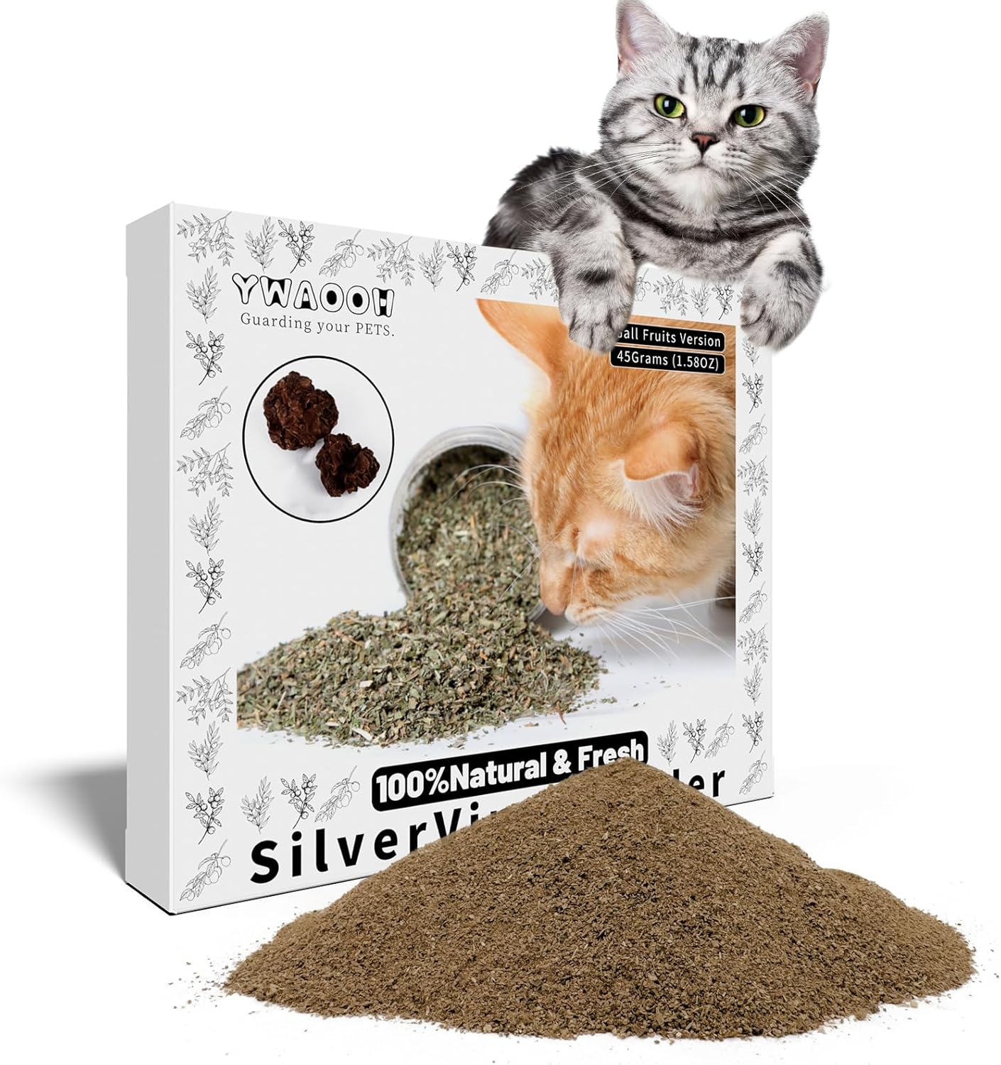 Cat Toys - Silvervine Powder 45g with 5 Resealable Pouches, Catnip Alternative, 100% Natural Silver Vine Gall Fruit Powder, Matatabi Cat Toy, Suitable for All Cat Ages