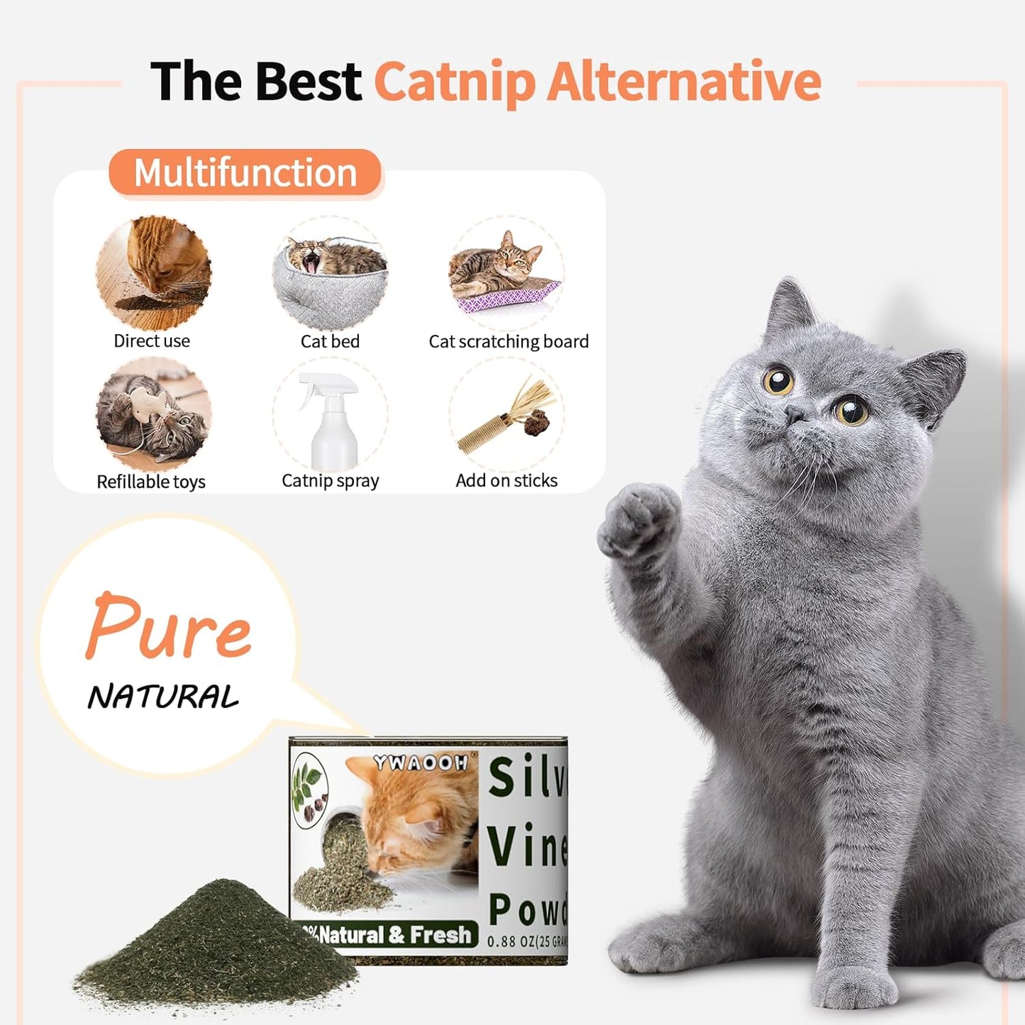 Cat Toys - Blend Silvervine Powder 25g, Catnip Alternative, 100% Natural Silver Vine Gall Fruit Powder & Silvervine Leaves, Suitable for All Cat Ages