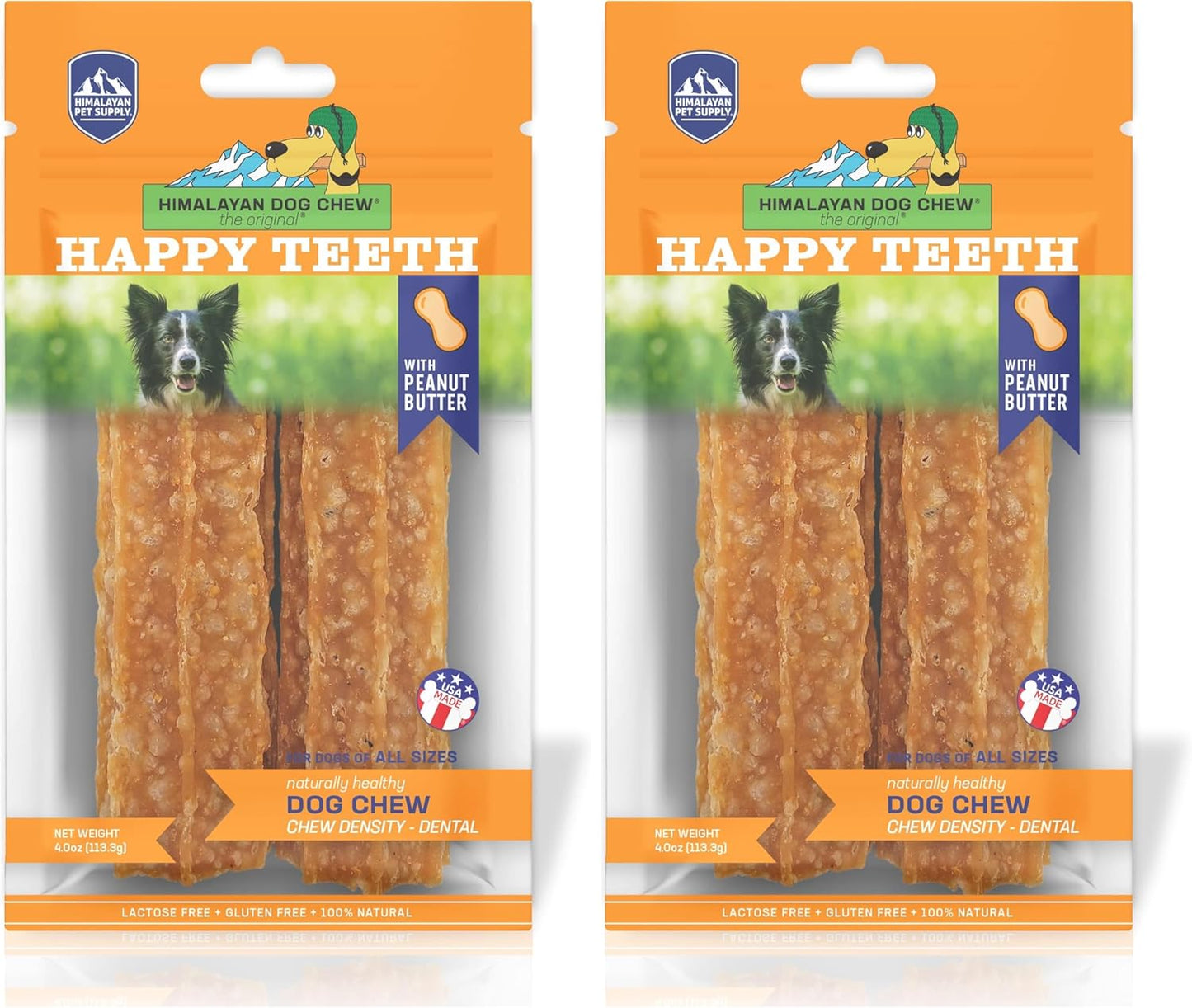 Happy Teeth Natural Cheese Dog Chews | Peanut Butter Flavor | Dental Chew | Protein Rich | Gluten Free - Lactose Free - Wheat Free - Soy Free | 2 Happy Teeth Chews per Resealable Pouch (Pack of 2)