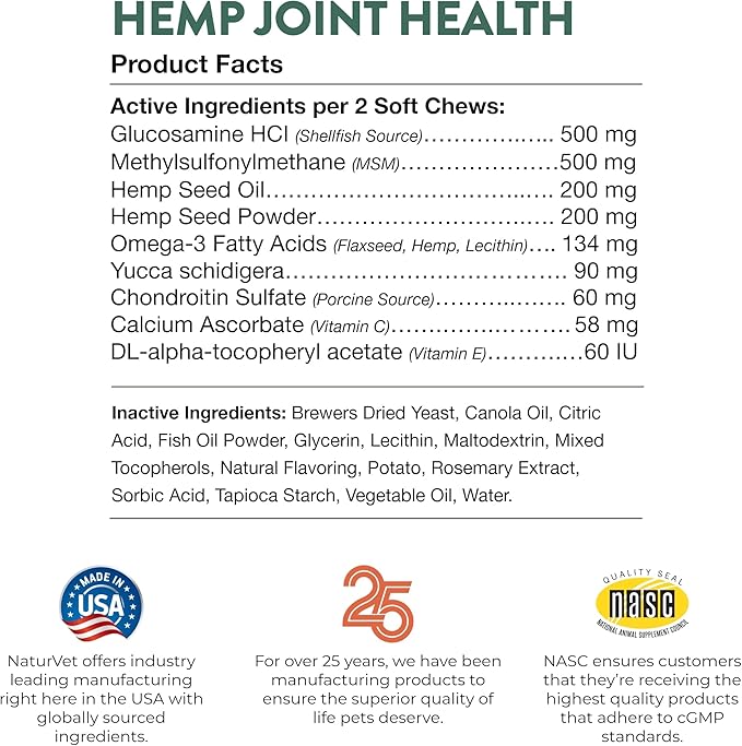 NaturVet – Hemp Joint Health For Dogs - Plus Hemp Seed | Supports Overall Joint Health | Enhanced with Glucosamine, MSM, Chondroitin & Antioxidants | 120 Soft Chews
