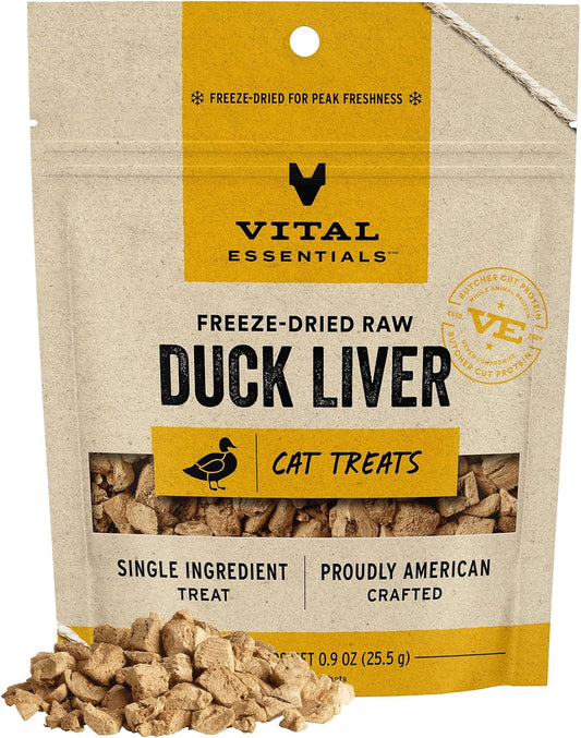 Vital Essentials Duck Liver Cat Treats, 0.9 oz | Freeze-Dried Raw | Single Ingredient | Grain Free, Gluten Free, Filler Free