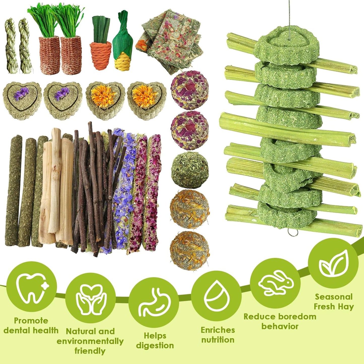 53pcs Rabbit Chew,Rabbit Enrichment Toys from Various Natural Ingredients Such as Apple Wood, Carrots, and Timothy Grass, Suitable for Small Pets Such as Hamsters Totor Guinea Pigs (Part D)