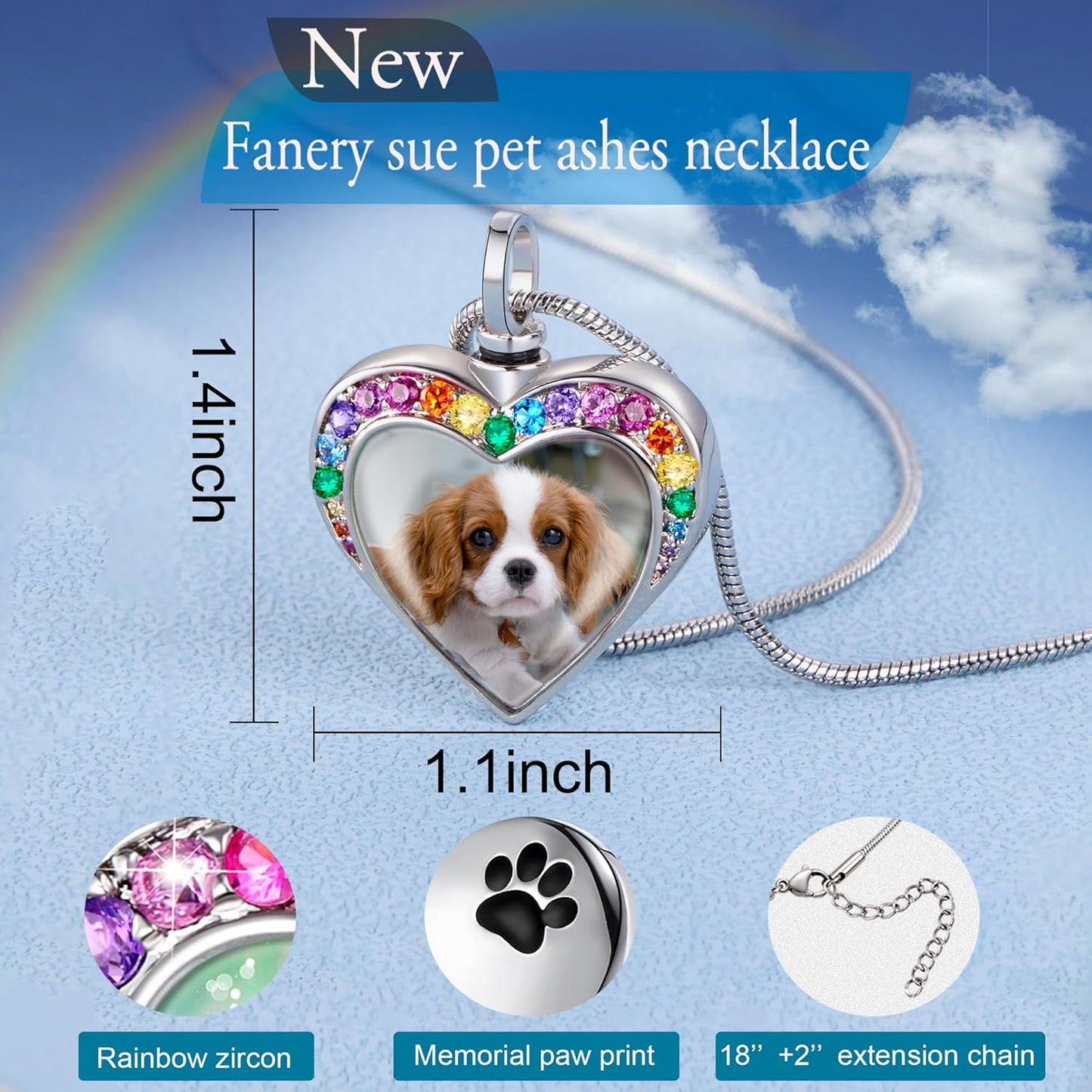 Fanery Sue Personalized Pet Ashes Necklace for Dog Cat Custom Photo&Text Pet Loss Sympathy Gift Cremation Jewelry