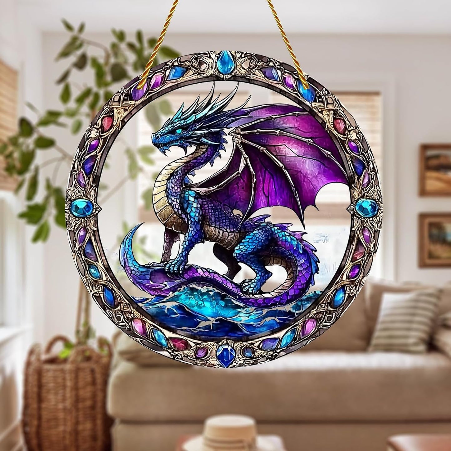 8x8 inch Charming Dragon Acrylic Stained Glass Window Hanging Sun Catcher Decor Stained Panel Hangings Wall Art Decor, for Friends and Family (Dragon)