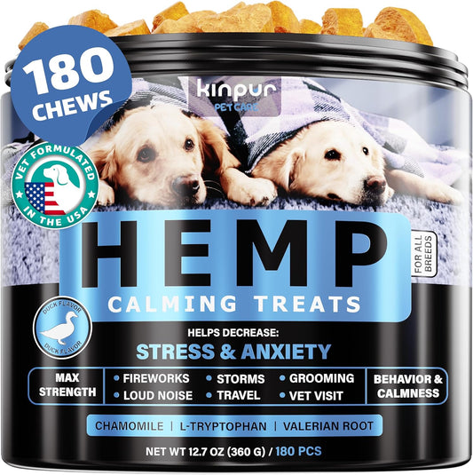Calming Chews for Dogs with Hemp Oil - Dog Calming Treats with Duck Flavour - Aid During Thunderstorms, Fireworks, Separation, Car Rides - Hemp Dog Treats for Calming Support - 180 Chews