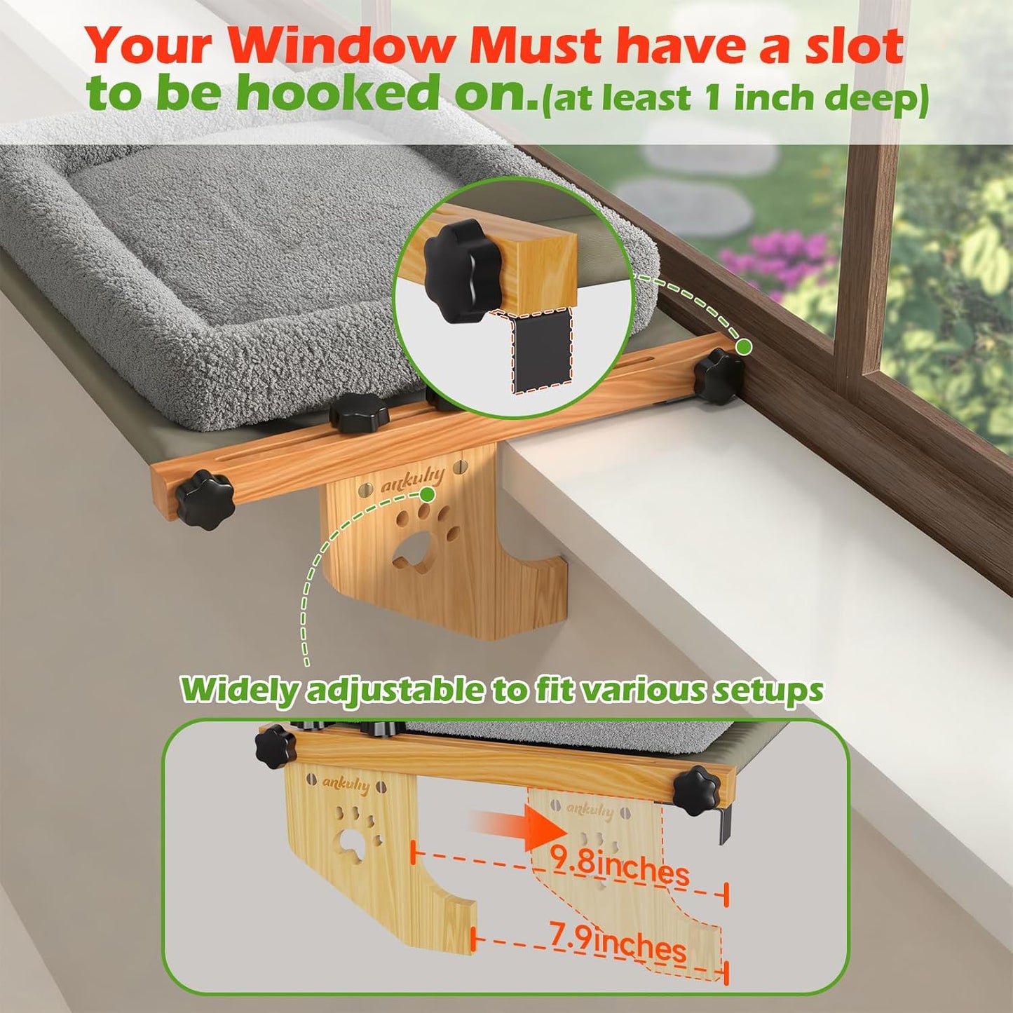Cat Window Perch,Window Cat Bed for Large Cats with Sturdy Wooden Frame and Washable Bolster,Ideal for Pets to Sunbathe,Nap and Overlook,EZ to Adjust Cat Bed for Windowsill, Bedside,23.6x15IN(Gray,L)