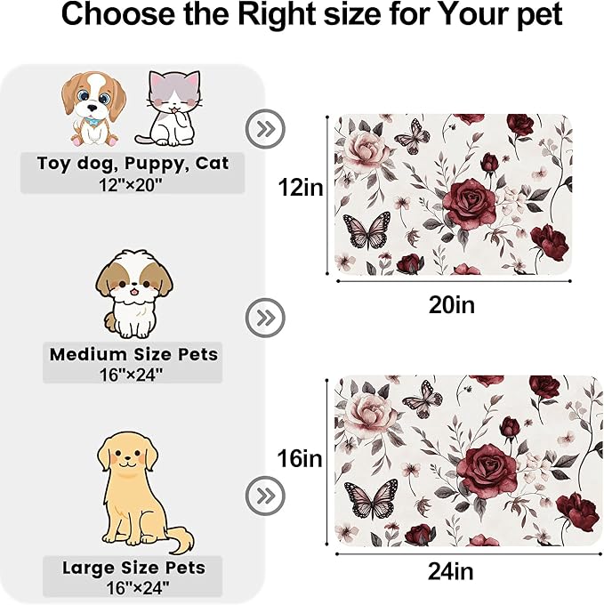 Vintage Flower Butterfly Dog Cat Food Mat-Absorbent Placemat for Food and Water Bowl, Waterproof Non Slip Rubber Backing Dog Food Mats for Floors, Pet Supplies 12 * 20 inch