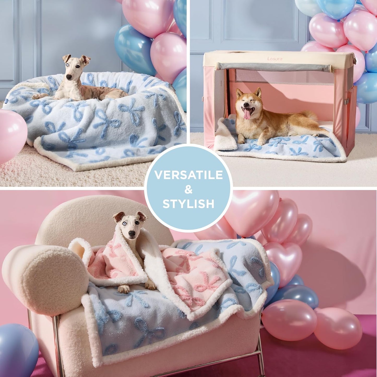 Lesure Waterproof Puppy Blanket for Small Dogs - Washable Double Sided Dog Blankets with Warm Jacquard Shag and Soft Sherpa Fleece, Pet Cat Blanket for Couch Protection, Bow Design，Ice Blue