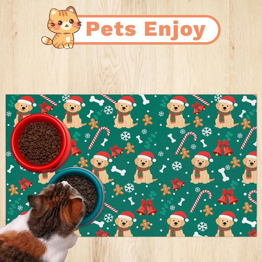 Dog Food Mat Absorbent Dog Cat Bowl Mat for Food and Water, Quick Dry Pet Feeding Placemats Non-Slip Feeding Mats Pet Supplies, Christmas Puppy, 24" x 32"