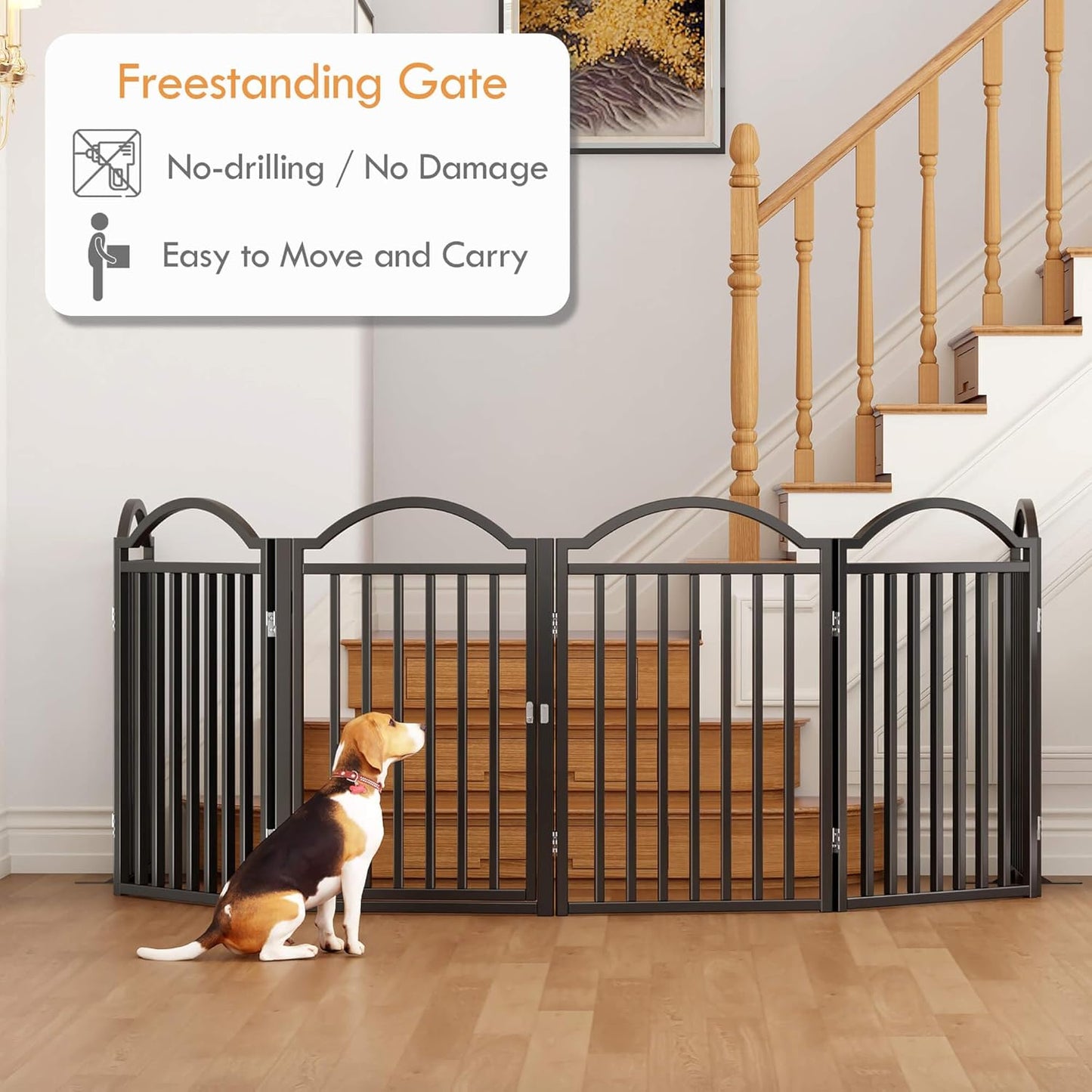 UDD Dog Gate Indoor 144" Extra Wide, 32" Tall Foldable Pet Gate with Door for Stairs Doorways Hallways Porch, Freestanding No Drilling Metal Pet Fence for Dogs Puppy, Black 6-Panel