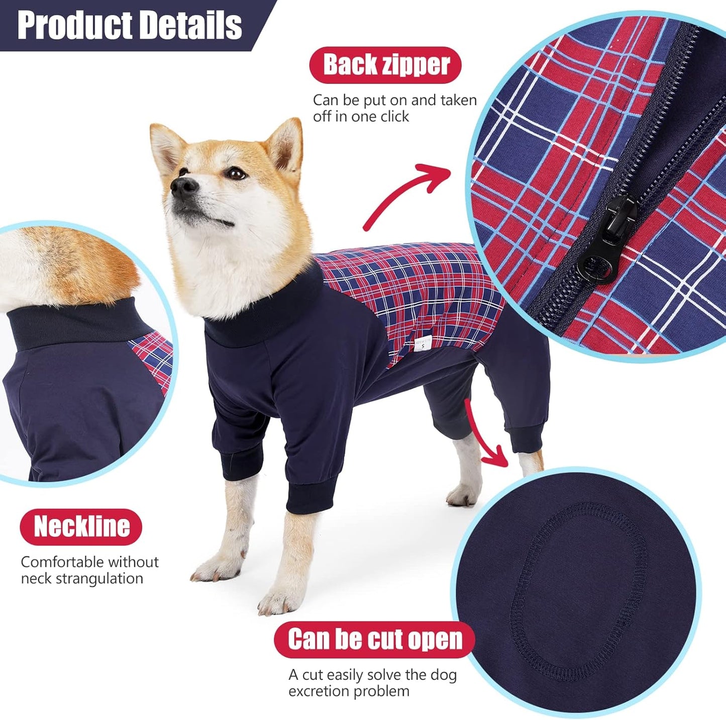 Dog Recovery Suit, Abdominal Wound After Surgery Wear, Anti Licking Bodysuit with Zipper, E-Collar & Cone Alternatives, Plaid Dog Spay Surgical Onesie Prevent Shedding(2XL, Red)