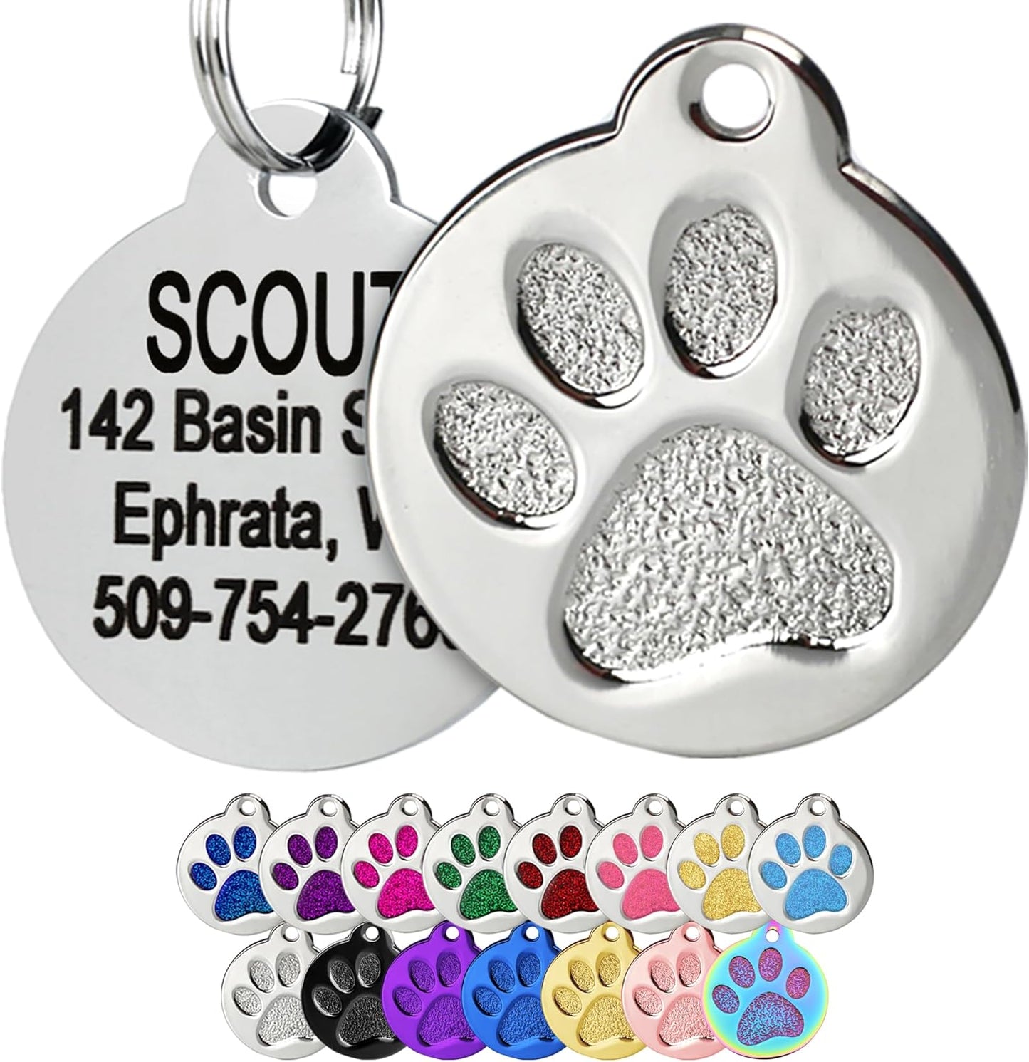 GoTags Paw Print Round Stainless Steel Pet Tag for Dogs and Cats, Personalized with 4 Lines of Custom Engraved ID with Silencer, in Stainless Steel and 15 Colors Small and Large, Silver