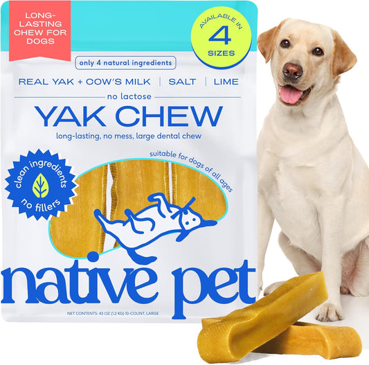 Native Pet Yak Cheese Himalayan Dog Chews - Long Lasting Dental Sticks for Large Breeds – 100% All Natural Himalayan Yak Chews for Large Dogs – Cheese Bone for Aggressive Chewers - 10 Per Pack