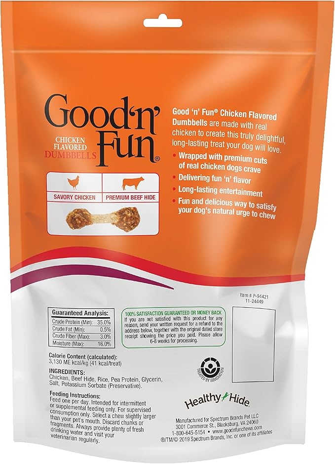 Good'n'Fun Chicken Dumbbells 4 oz, CASE Pack of 12 Individual Bags