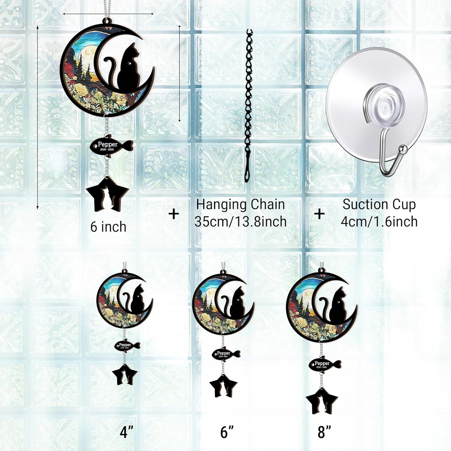 Moon Shape Stained Glass Cat Suncatcher | Customized Pet Memorial Suncatcher with Photo & with Charms | Personalized Memorial Gifts for Pet Lovers | Best Gifts for Your Beloved Cat Passed Away