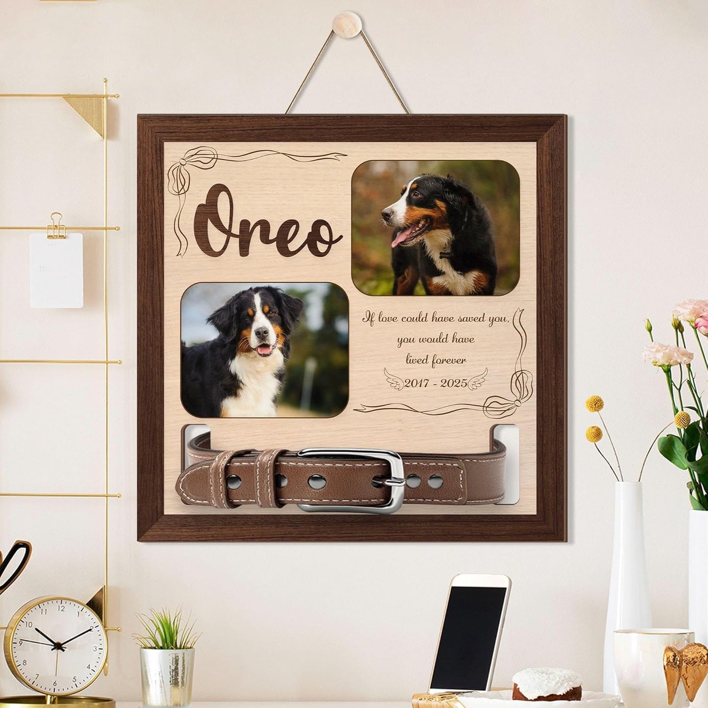 Custom Dog Memorial Collar Wood Frame – Personalized Dog Sympathy Gift, Memorial Pet Collar Holder with Photo, Loss of Dog Keepsake, Custom Pet Collar Holder for Dog Lovers