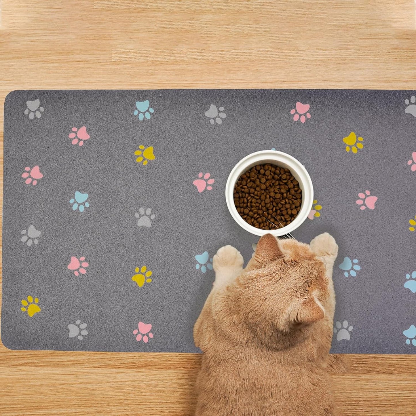 Cat Food Mat Absorbent Dog Mat for Food and Water Non Slip Quick Dry Dog Bowl Mats for Floors 24" X 16" Paw Light Gray