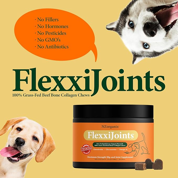 NZorganix FlexxiJoints Hip and Joint Supplement Chews for Dogs, Cats • 100% Grass-Fed Beef Bone Collagen New Zealand Green-Lipped Mussels • 100 Chews