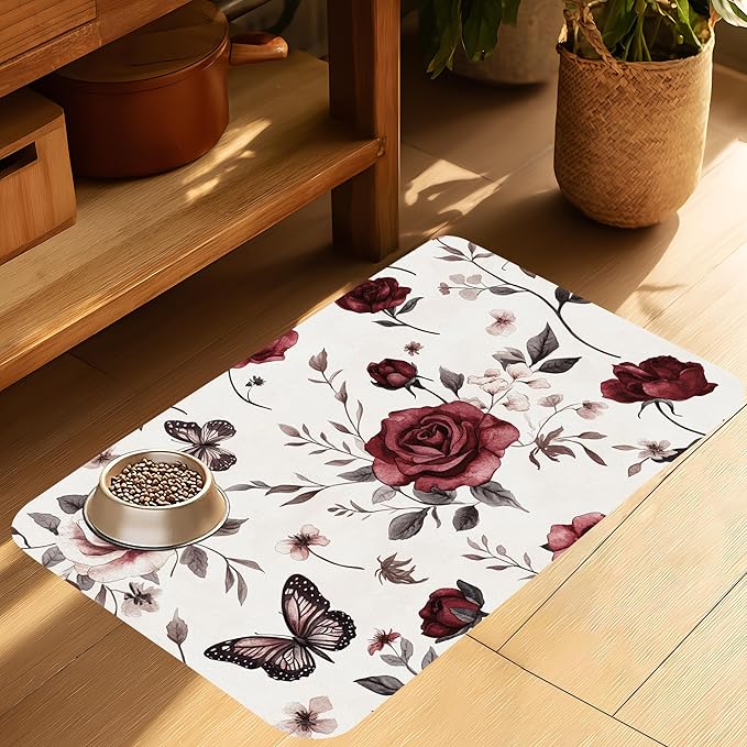 Vintage Flower Butterfly Dog Cat Food Mat-Absorbent Placemat for Food and Water Bowl, Waterproof Non Slip Rubber Backing Dog Food Mats for Floors, Pet Supplies 16 * 24 inch