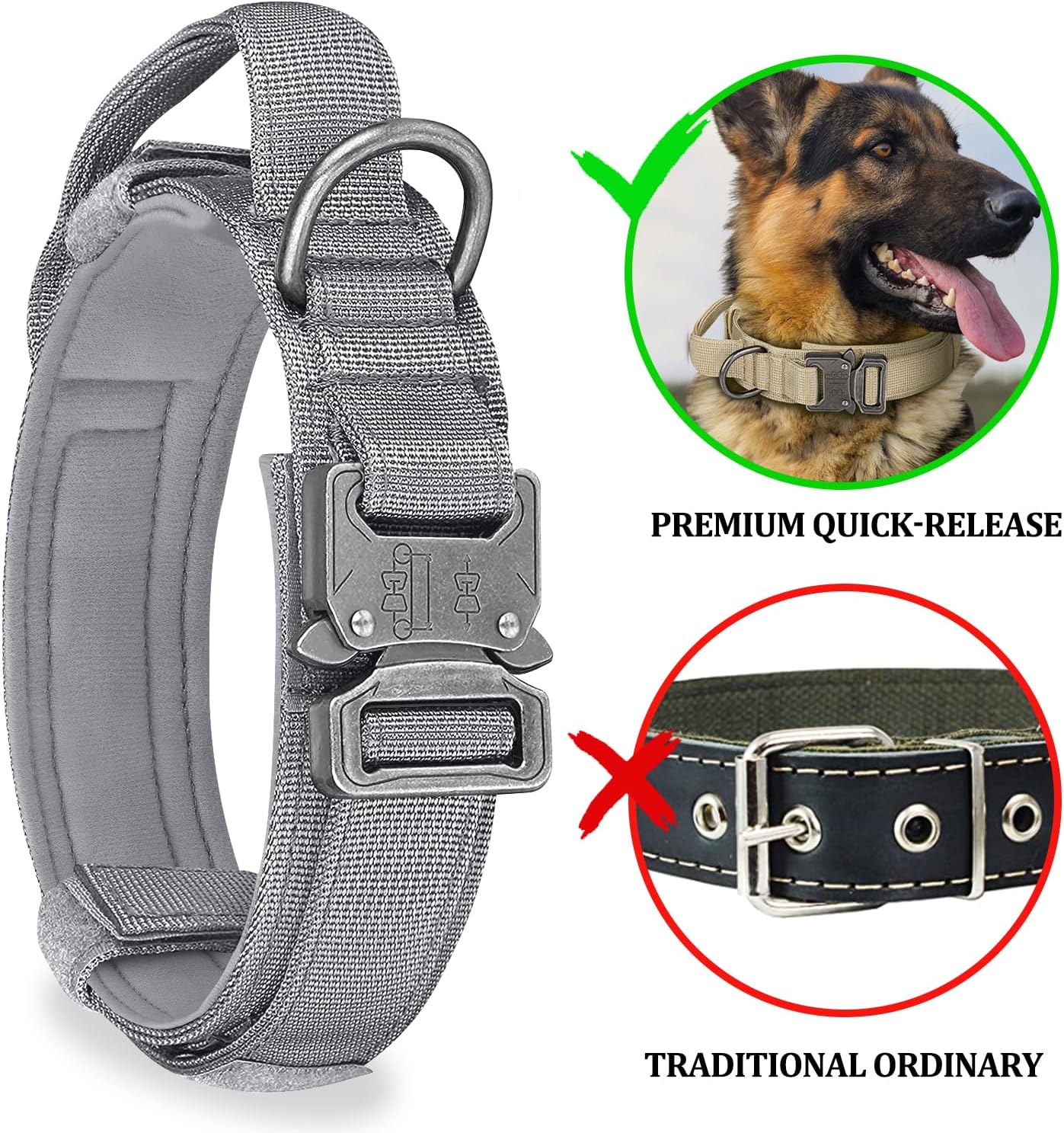 COOYOO Dog Collar,3 Piece Set Tactical Dog Collars, Adjustable Military Training Nylon Dog Collar with Control Handle and Heavy Metal Buckle for Medium and Large Dogs