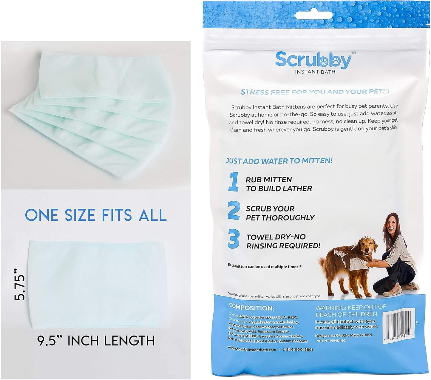 No Rinse Pet Wipes | Rinse Free Shampoo Mittens | Dogs & Cats | Bath Wipes - Bathing & Washing Pets, Hypoallergenic | No Rinse Wash Mitt | Grooming, Lather Wipe Dry - Pack of 15