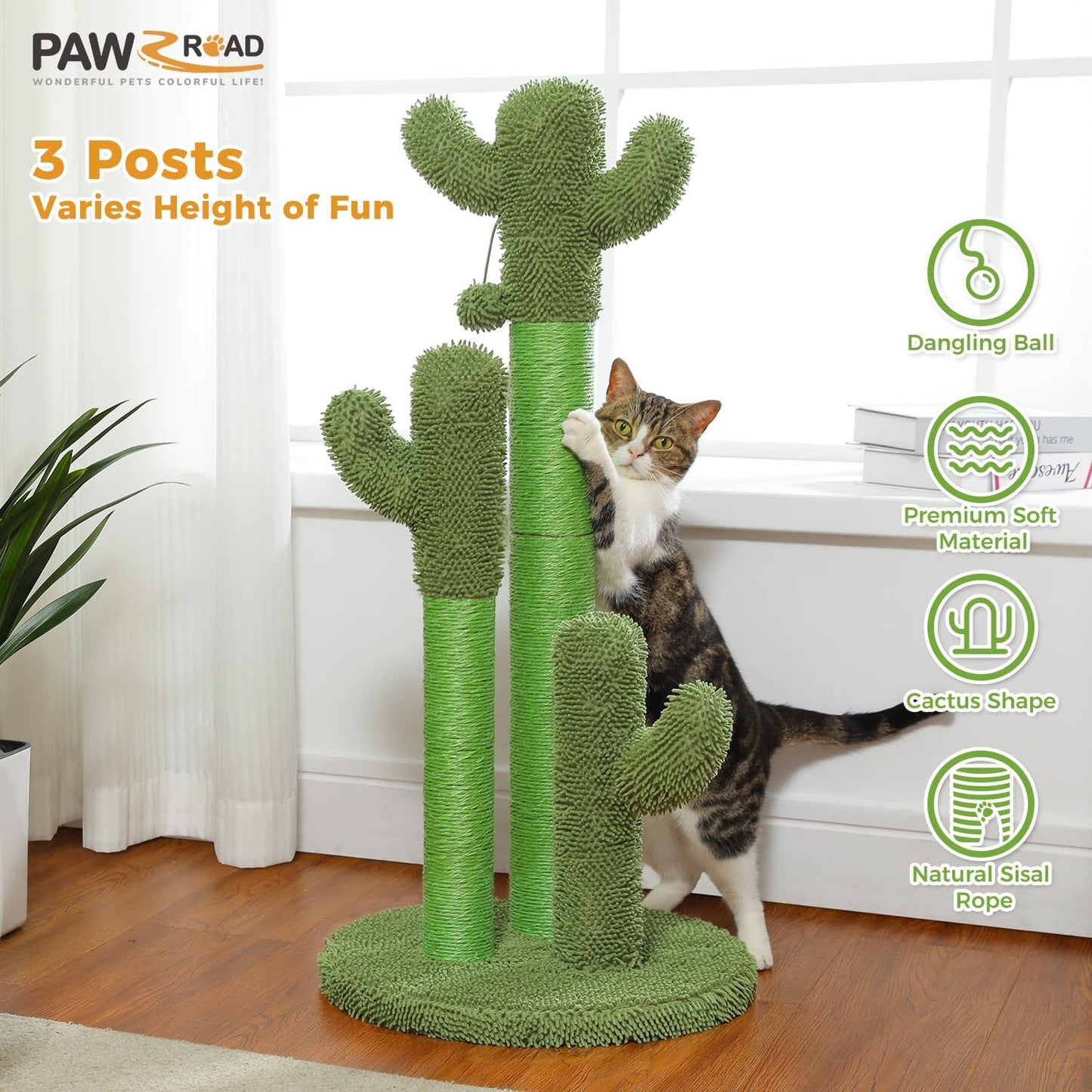 PAWZ Road Cat Scratching Post Cactus Cat Scratcher Featuring with 3 Scratching Poles and Interactive Dangling Ball - 35 Inches