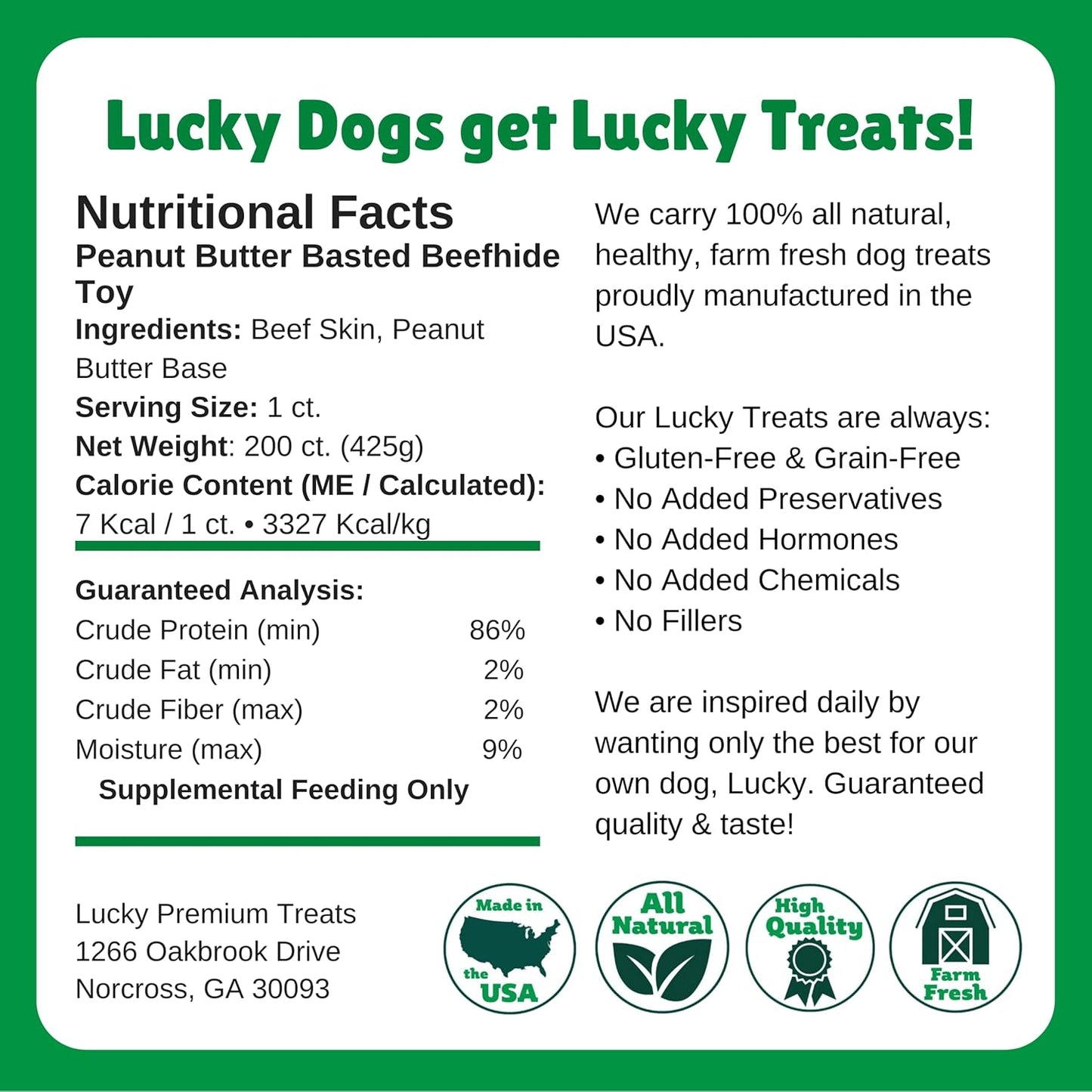 Lucky Premium Treats Peanut Butter Basted Rawhide – All-Natural Rawhide and Peanut Butter Dog Treats for Extra Small Dogs, Gluten Free Premium Toy Breed Dog Treats (200 Chews)