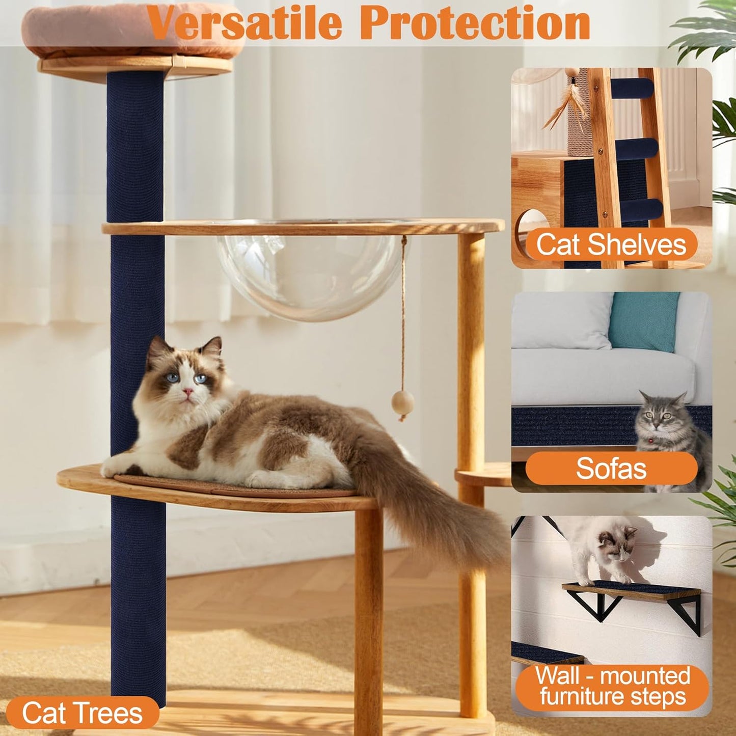 Furniture Protectors from Cats Scratching - 40" x 15.8" Trimmable Self-Adhesive Carpet Protector for Pets, Cat DIY Climbing Couch Protector for Scratch Cat Tree Replacement Indoor (Dark Blue)
