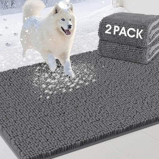 2 Pieces Muddy Door Mats for Dogs, Chenille Absorbent Pet Mats, Quick Dry, Trap Dirt Non Slip Heavy Indoor Doormat Soft Dog Bed Mat Front Inside Door Mat for Indoor Outdoor Entrance,Grey