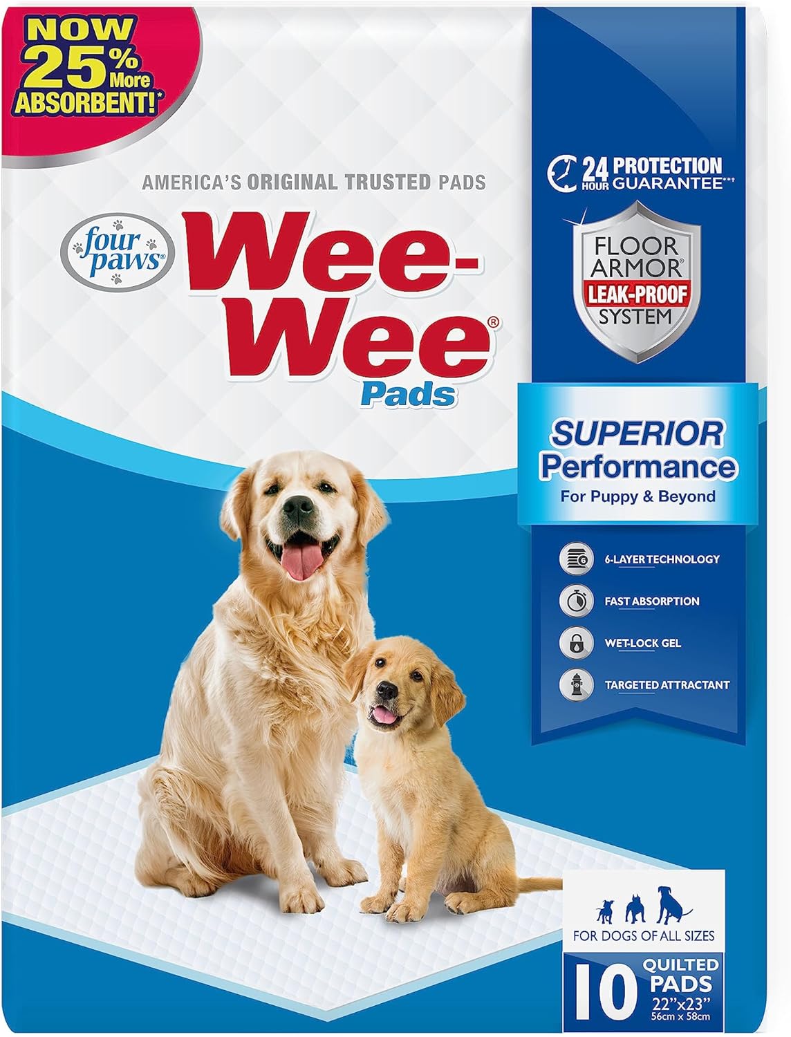 Four Paws Wee-Wee Superior Performance Unscented Pee Pads for Dogs & Puppies, Quilted Leak-Proof Dog Housebreaking Potty Training Floor Protection, 22" x 23", 10 Count