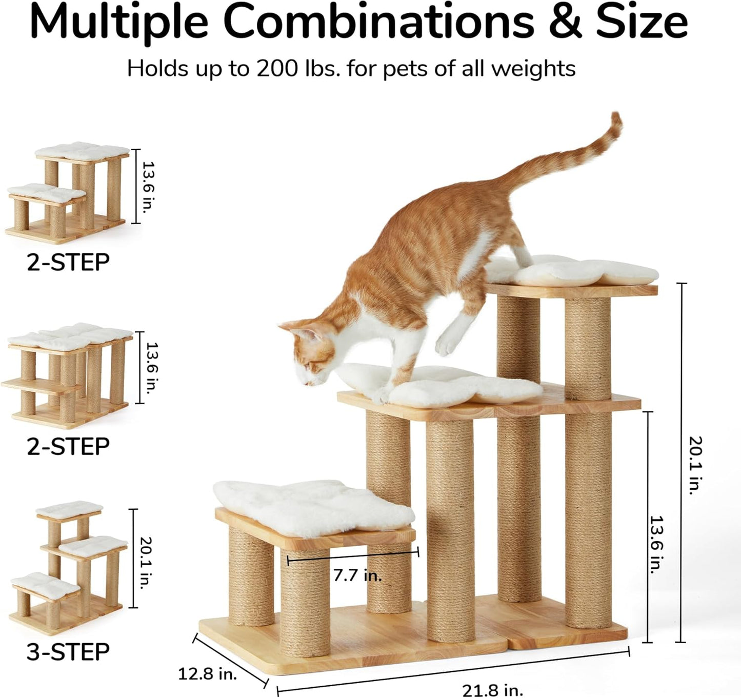 FUKUMARU Dog Stairs, Solid Wood Pet Stairs with Cat Scratching Post, Transformable Cat Ramp Can Hold Up to 200 lbs, 20 Inch Pet Steps for Dogs and Cats to Climb High Bed and Couch, Over 6 Combinations