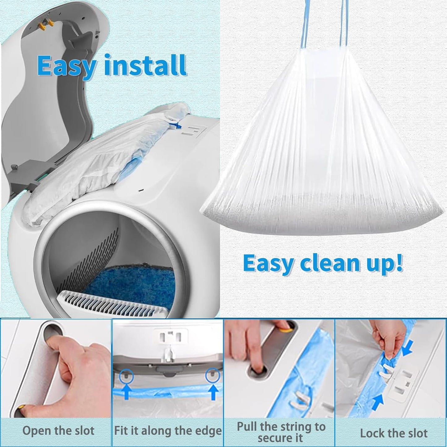 60 Count Self-Cleaning Cat Litter Box Liners Bag Compatible with MW-SC01/MW-SC02/MW-LR01, Drawstring Heavy Duty Cat Litter Receptacles Bags Fit For Automatic Pet Litter Box-17.7"* 19.7"