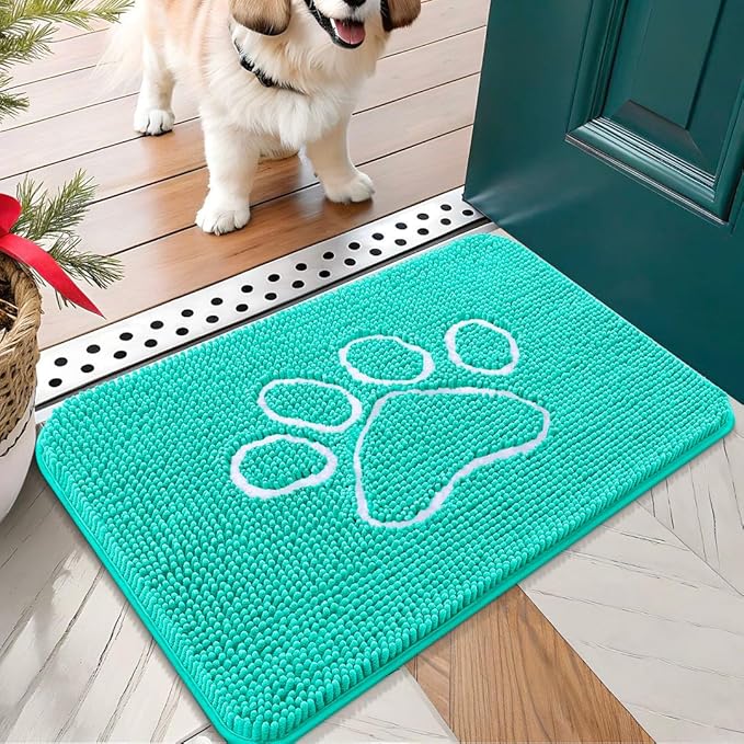 OLANLY Door Mat for Muddy Dog Paws 24x16, Ultra Absorbent Chenille Mud Doormat with Paw Print Design, Non-Slip Washable Doormat for Indoor Entryway, Quick-Dry Pet Bed Mats for Dirty Dogs, Teal