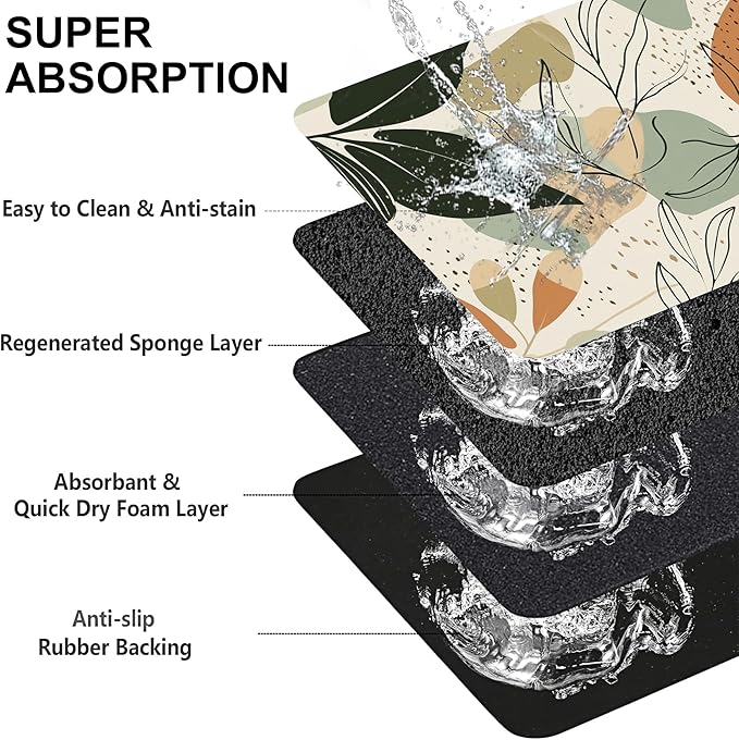 Abstract Boho Leaves Dog Food Mat-Absorbent Pet Feeding Mat for Food and Water Bowl, Quick Dry Dog Placemat with Rubber Backing-No Stains Pet Supplies for Messy Drinkers 16"x24"