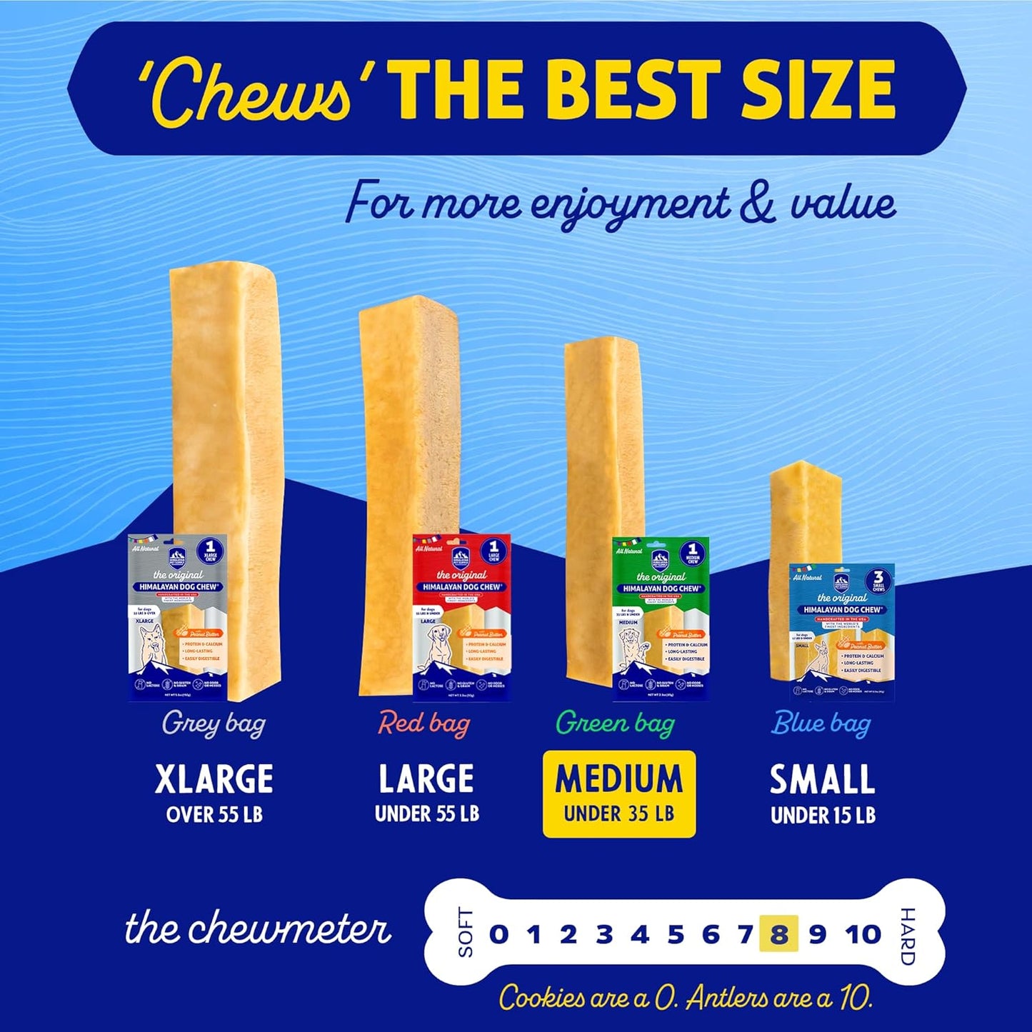 Himalayan Dog Chew Original Yak Cheese Chew, Peanut Butter, 1 Medium Stick, 2.3 oz, Gluten Free, Healthy Treats, Grain & Lactose Free 100% Natural, Long Lasting, for Dogs Under 35 lbs