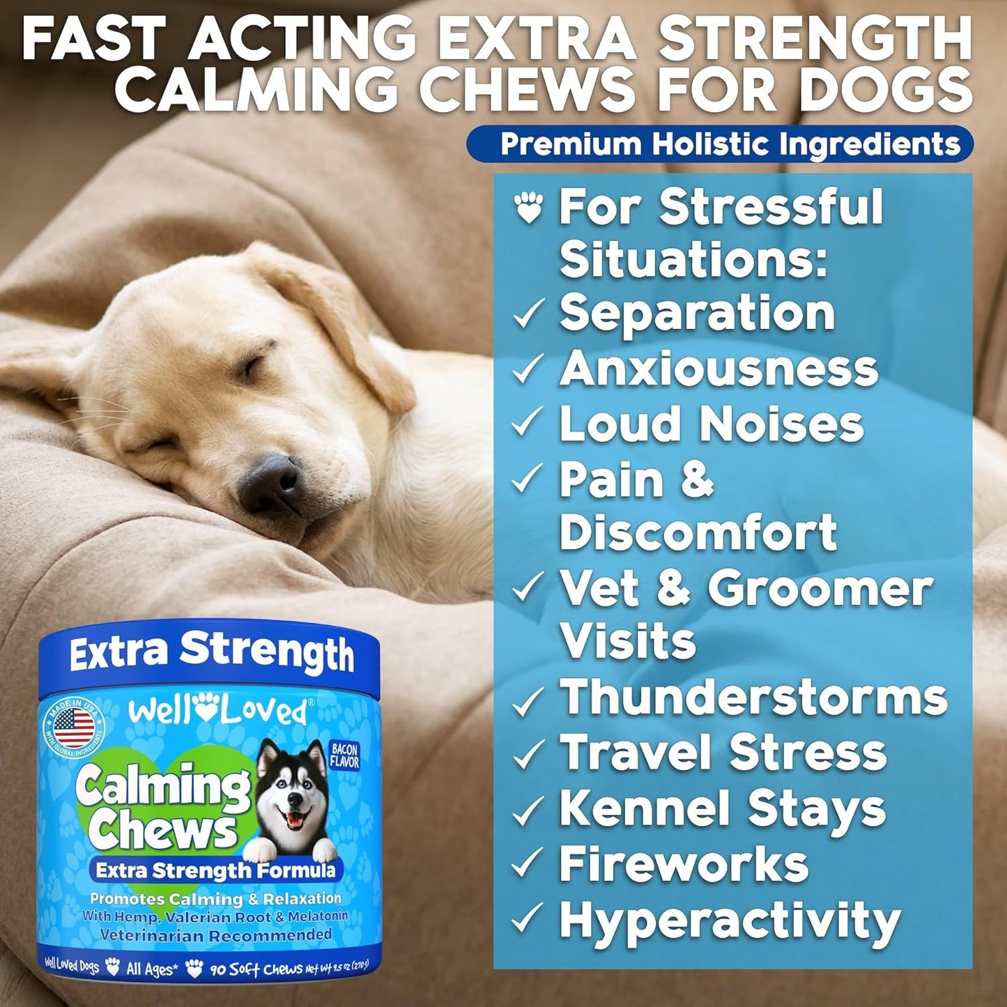 Calming Chews for Dogs - Dog Calm Treats, Made in USA, Vet Recommended, Behavior Support with Melatonin & Hemp, Stress, Separation, Fireworks, Travel, Extra Strength